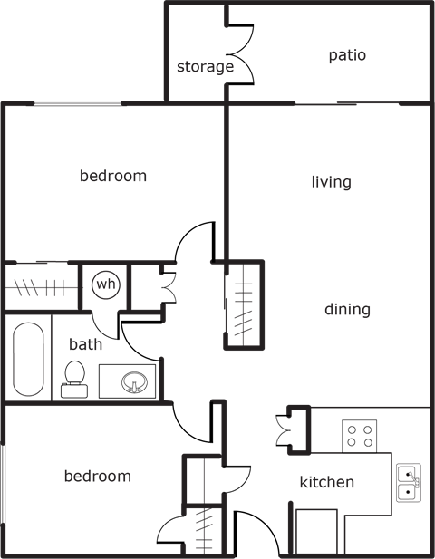 Floor plan for 2 beds, 1 bath, 728 sqft